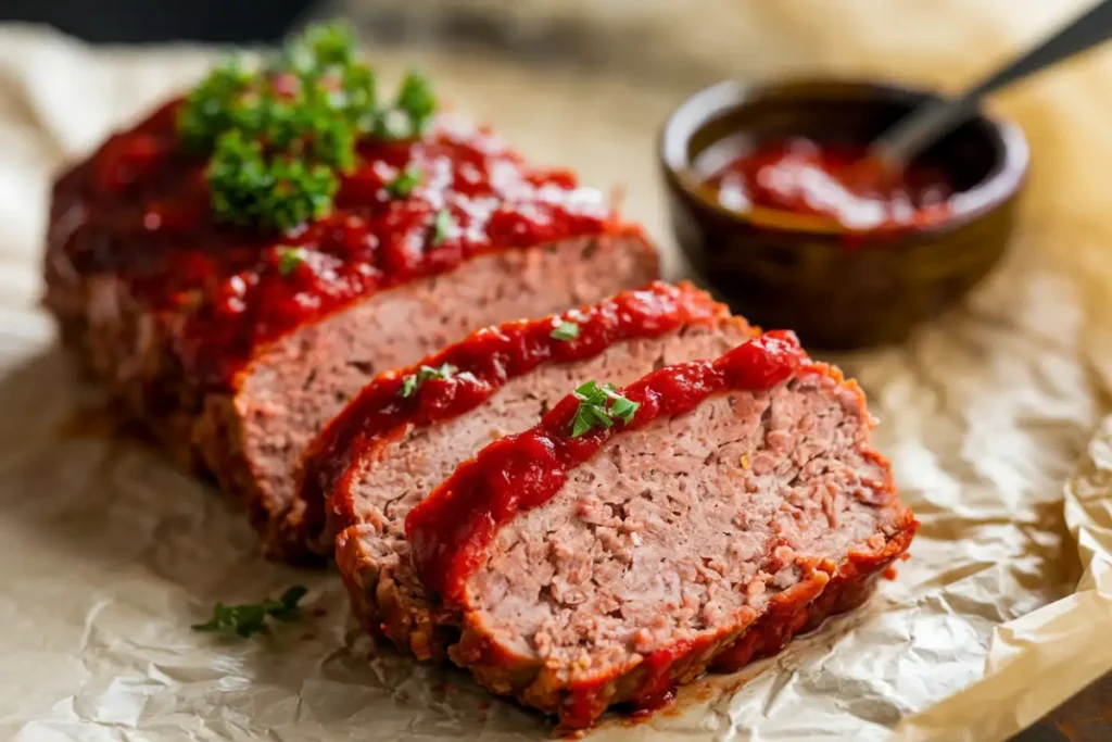 Slices of Lindsay Olives Meatloaf with green topping and a small bowl of gravy alongside it.