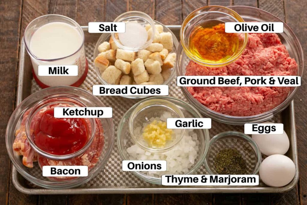 Ingredients for Lindsay Olives Meatloaf laid out on a kitchen counter.