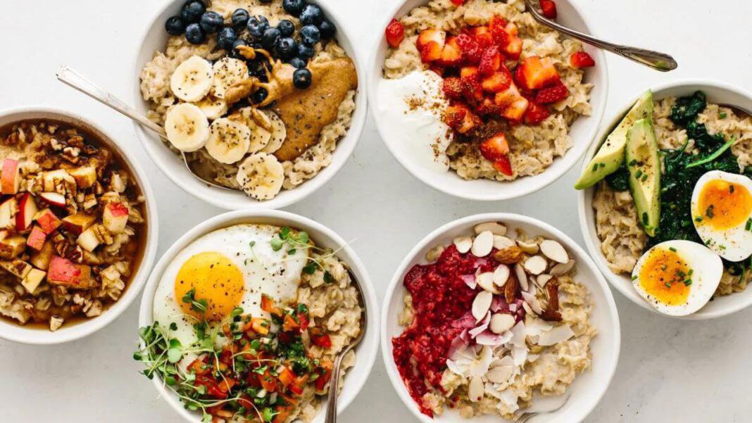 Six different bowls of oatmeal preparation for a boat journey.