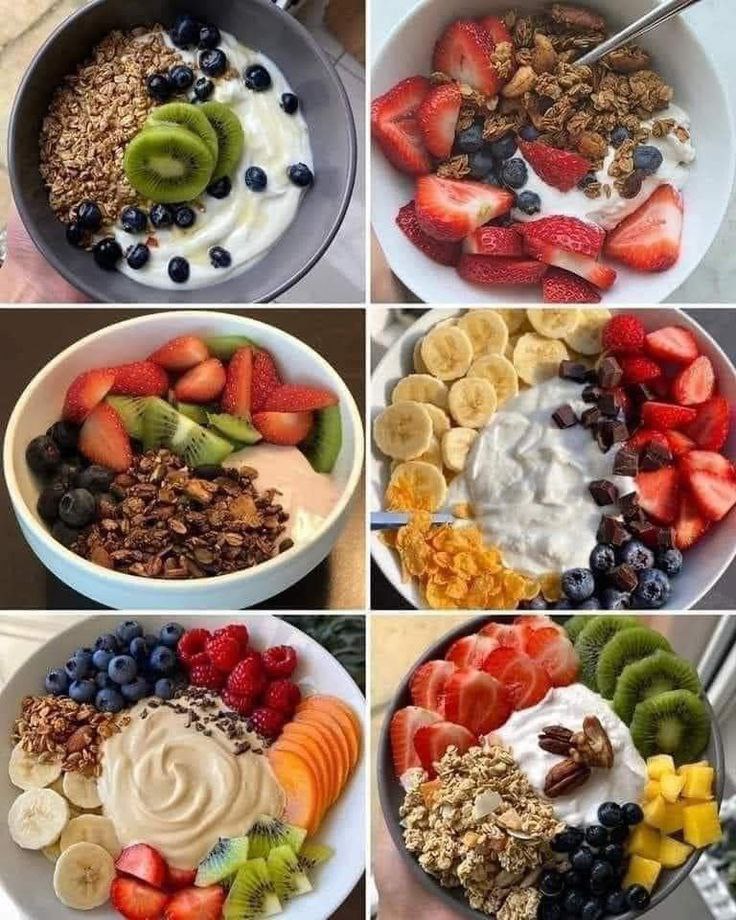 Six different types of oatmeal preparation with fruits and other healthy ingredients best suited for a boat trip.