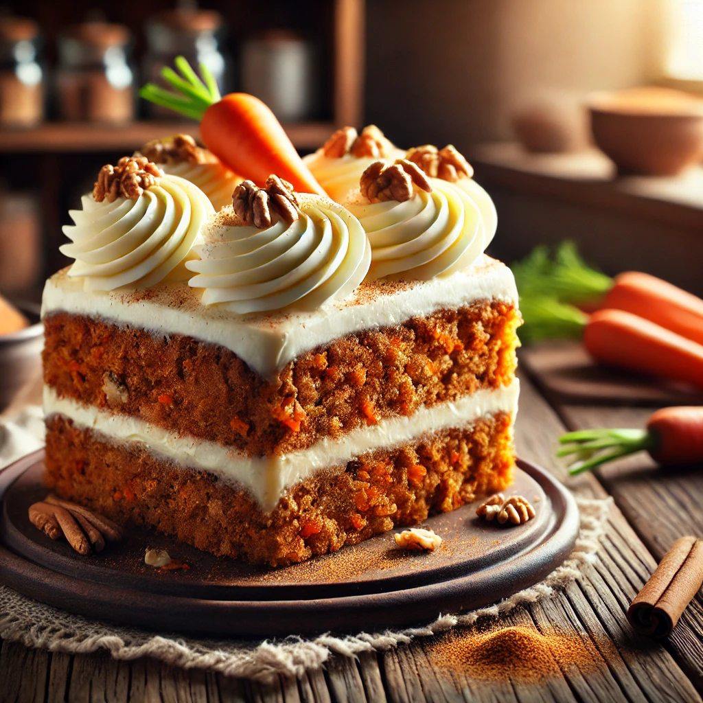 Slice of homemade carrot cake with cream cheese frosting on a plate, capturing the moist layers and rich spices, evoking a sense of nostalgia and comfort.