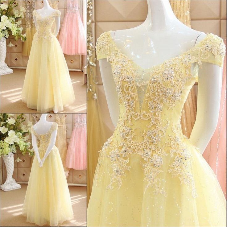 Three pictures of one designer creamy yellow dress in different angles to focus on the crystal stone, pearl and embroidery work. 