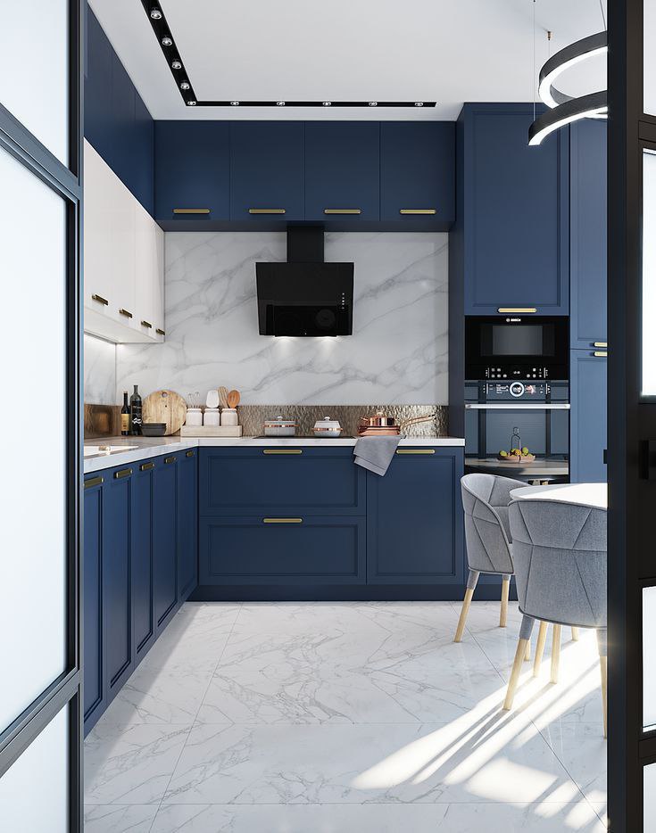 Stylish dark blue cabinetry in a contemporary kitchen setting.