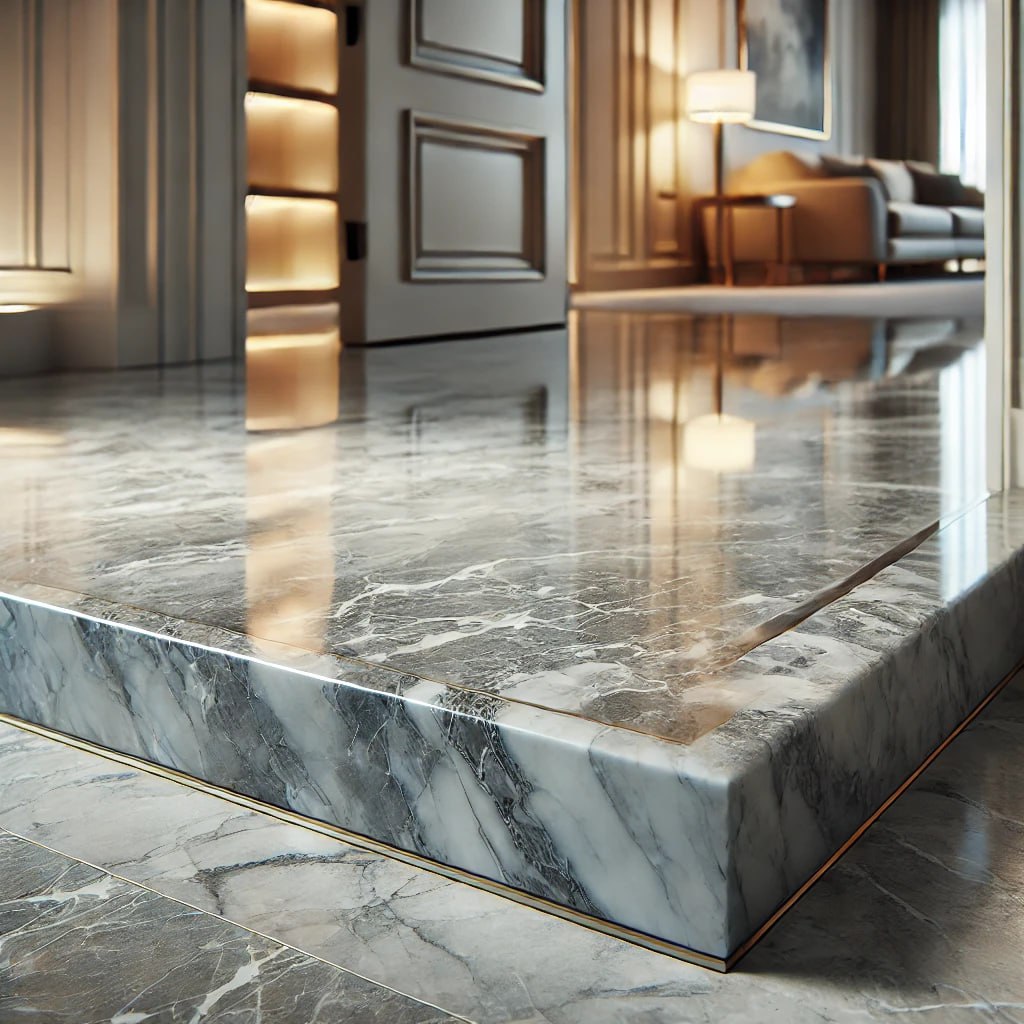 A close-up of a marble door threshold with light gray tones and white veining, polished to a glossy finish. The threshold blends seamlessly with a modern, minimalist interior doorway, illuminated by soft, warm lighting.