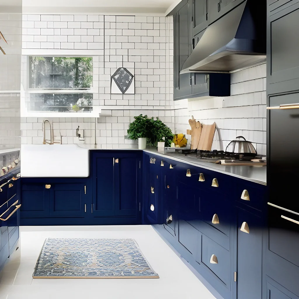 A stunning dark blue cabinet of a kitchen with white walls that makes it a wonderful color combination.