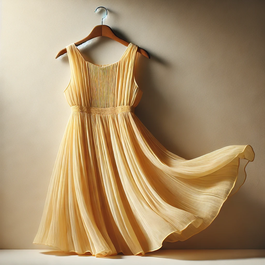 A beautiful butter yellow dress displayed elegantly on a wooden hanger against a soft, neutral background, showcasing its flowing design and light texture.