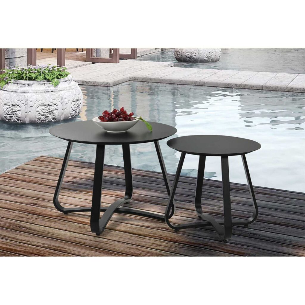 
Rustic wooden patio coffee dining height table with iron accents, creating a charming outdoor dining area.