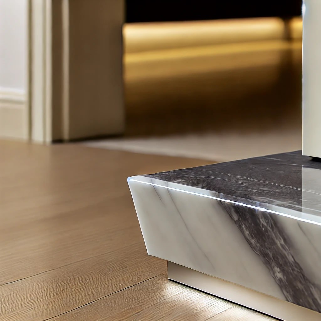 A detailed view of a sophisticated marble door threshold featuring white marble with gray and beige veining. The threshold connects to smooth hardwood flooring and a contemporary doorway, highlighted by soft, warm lighting.