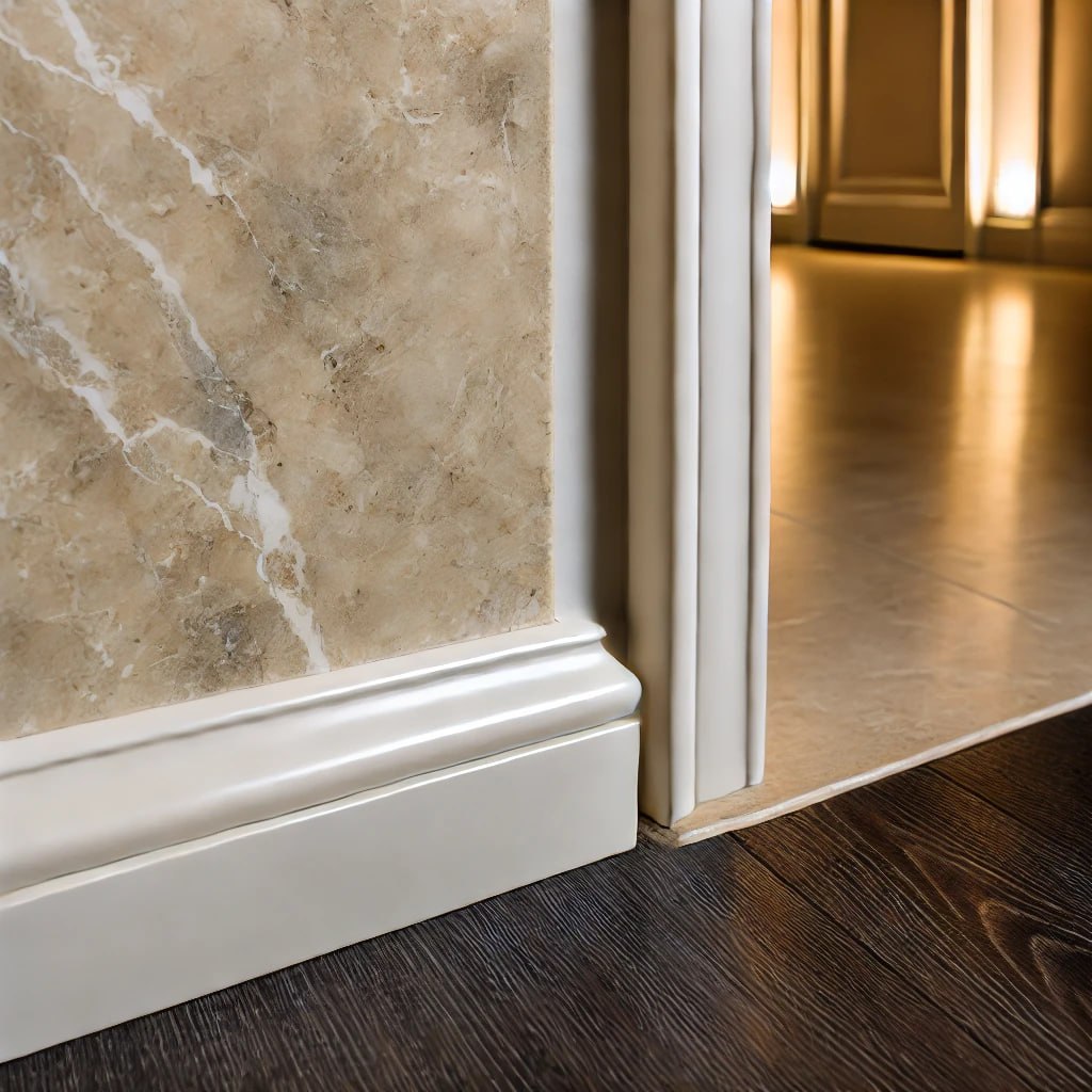 Close-up view of an elegant marble door threshold in light beige, with intricate gray and white veining. The polished surface reflects warm ambient light, transitioning seamlessly to dark hardwood flooring in a modern, minimalist interior.