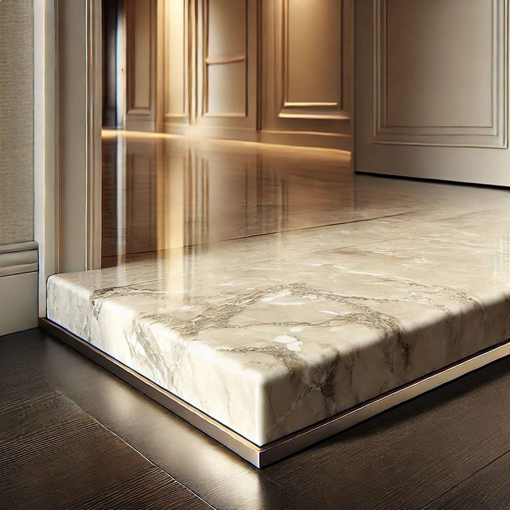 Close-up of a luxurious marble door threshold with light beige tones and subtle gray and white veining. The polished surface reflects warm ambient lighting, creating a refined contrast against dark hardwood flooring in a modern, minimalist interior.