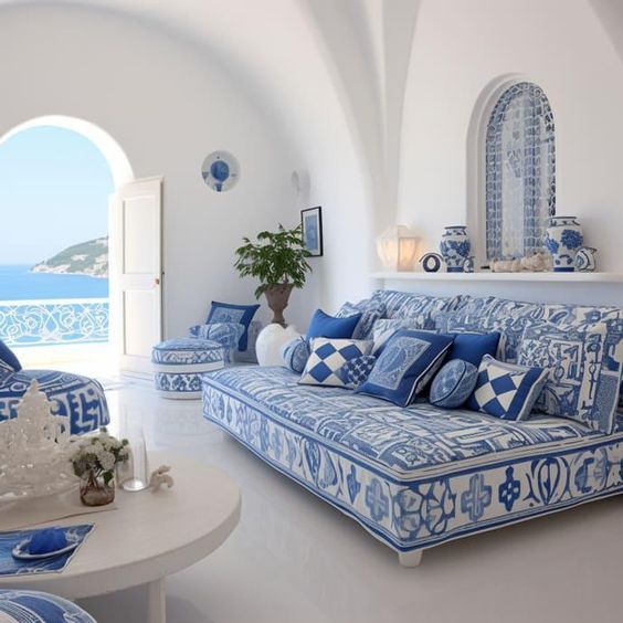 Chic interior with marine blue and ivory highlights.

