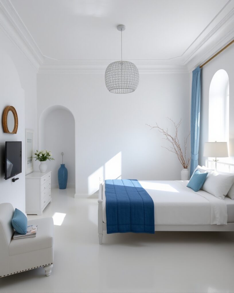 Elegant room designed in navy and eggshell hues.

