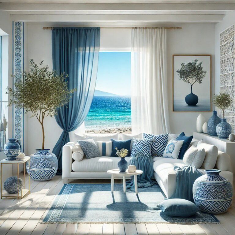 Modern Mediterranean room with azure and ivory decor.