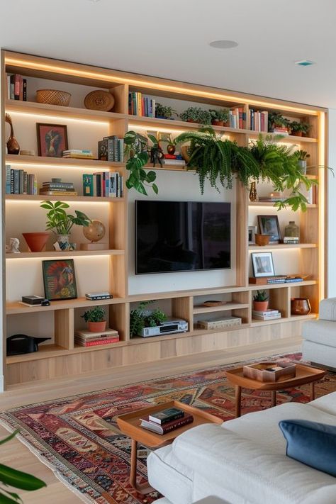 Minimalist drawing room with sleek embedded bookcases.

