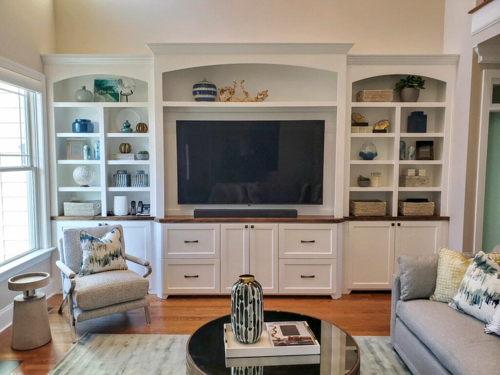 Modern living room with custom shelving.